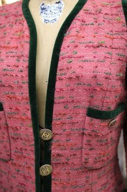 Vintage Chanel Coral With Green Velvet Trim Tweed Jacket FR36 1990