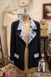 Vintage Chanel Black Tweed Skirt Suit with Pretty Blue Silk Graphic Lining Inside FR44 1993