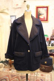 Vintage Chanel  Oversized Navy Wool Coat with Brown Quilted Details 80s