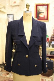 Vintage Chanel Navy Wool Jacket with Lovely Cutout Buttons from 80s FR40