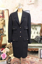 Vintage Chanel Black Wool Knee-Length Jacket FR40 1993