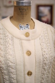 Rare Vintage Chanel Ivory Faux Pearls Heavy Knit Cardigan FR34 from 80s
