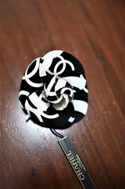 Vintage Chanel Black & White Fabric Floral Brooch 1999