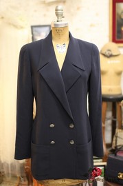 Chicest Vintage Chanel Navy Double Breasted Blazer With Amazing Red CC Lining And Silver Buttons FR44 1997 Cruise