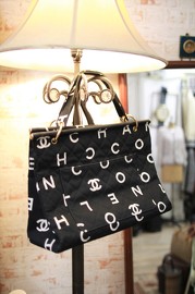 Vintage Chanel Black & White Logo Letters Print Quilted Cotton Canvas Tote Bag 1997