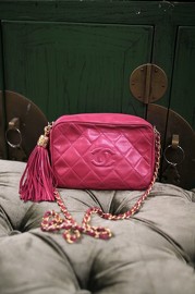 Vintage Chanel Shocking Pink Quilted Leather Shoulder Bag With Fringe RARE 18cm wide