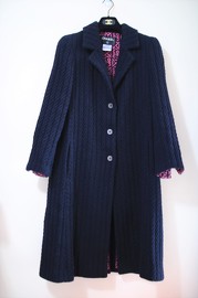 Chicest Vintage Chanel Navy Alpaca Wool Coat with Fushia Pattern Lining FR42 2000