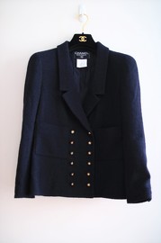 Vintage Chanel Navy Boucle Double Breasted Wool Jacket FR38 1996 Cruise Collection