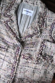 Pre Owned Chanel Grey x Purple x  metallic Tweed Fringe Jacket FR44/46 2008 Spring