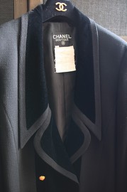 Vintage Chanel Black Wool Jacket with Gorgeous Velvet Details and CC Buttons FR40 Late 80s