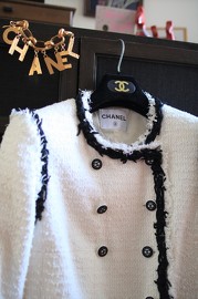 Pre Owned Chanel White Tweed Jacket with Black Fringe Trim FR38 2009