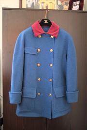 Vintage Chanel Denim Blue Coat with Shocking Pink Velvet Collars FR40 1991