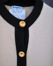 Vintage Classic Two Toned Beige x Black Trim Cashmere Cardigan FR38 from 1993A