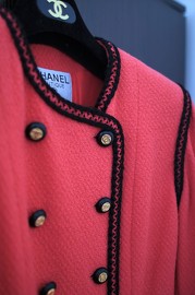 Vintage Chanel Raspberry Red with Black Braided Trim Wool Jacket FR38 1991 Fits FR36 Gals too