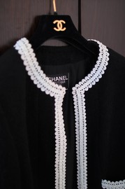 Vintage Chanel Black Wool Jacket with Lace Liked Rubber Trim FR44 1994