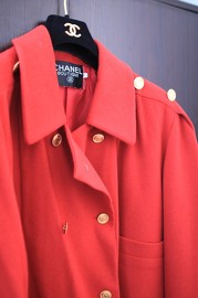 Vintage Chanel Red Wool Military Style Coat FR42 from 80s
