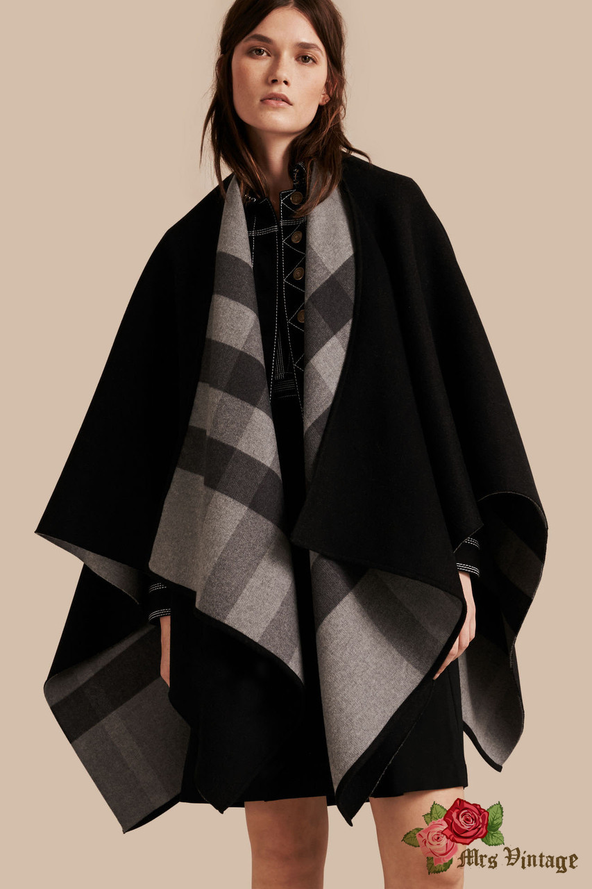 Burberry Reversible Black x Grey Check Merino Wool Poncho New With Tag ...
